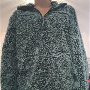 Green Sherpa half zip with turtle embroidery